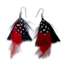 Zilveren Oorbellen Red and white dotted Black Feathers